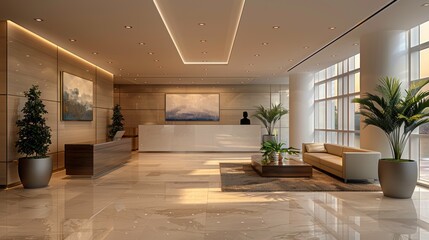 Fototapeta premium Modern lobby designed with elegance, featuring art, plants, and natural light, perfect for showcasing contemporary architecture.