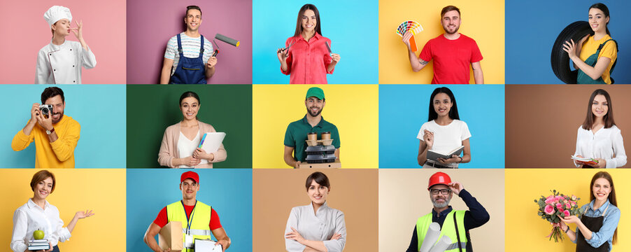 People of different professions. Collage with portraits on various colors backgrounds