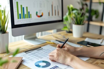 Person analyzing data with charts and graphs on a computer, showcasing modern business analytics and workspace productivity.