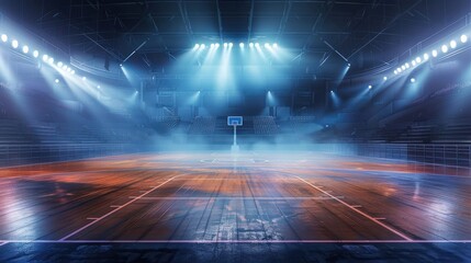 A vacant stadium, basketball court, and sports field with fans and spotlights