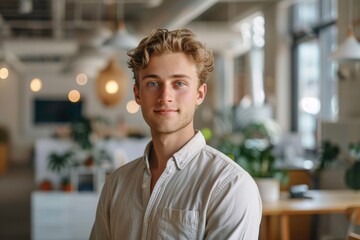 Fototapeta premium Portrait of a young man in a modern office space, showcasing confidence and professionalism in a creative environment.