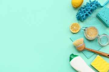 Composition with natural cleaning products and supplies on turquoise background
