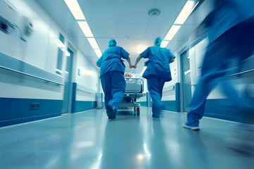 Motion blur image of medical team rushing patient to emergency hospital facility