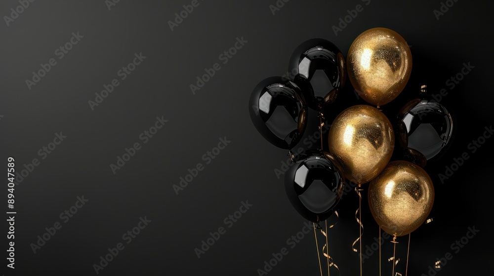 Wall mural black and gold balloons on a black background of celebration. text area and empty space