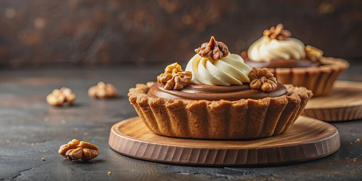 Delicious tartlet with creamy chocolate mousse and crunchy walnuts, food, dessert, sweet, pastry, treat, gourmet, indulgent