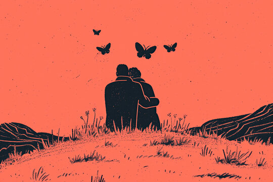 Pareja abrazada con mariposas