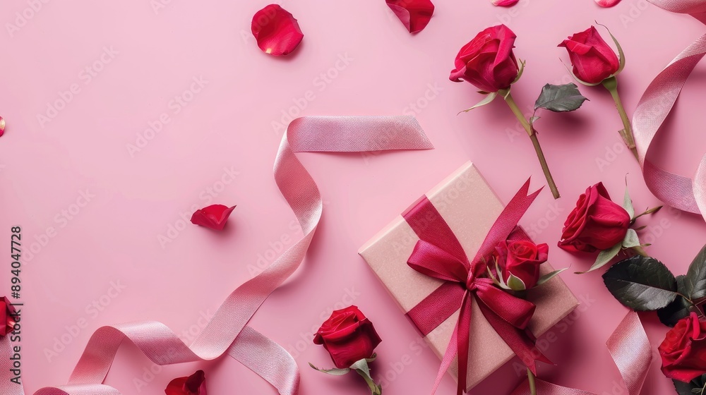 Canvas Prints top view of red roses ribbons and a gift box on pink background with copy space for mockup event des