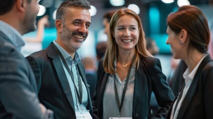 Obraz premium Live presentations delivered by a Group of Businesspeople engage the audience with interactive sessions at trade shows.