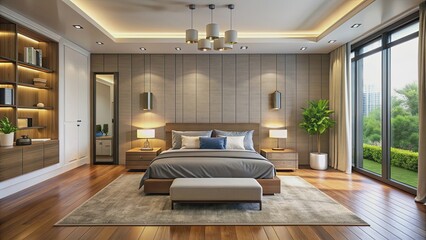 Fototapeta premium Contemporary master bedroom with smart home features, smart home, modern, luxurious, stylish