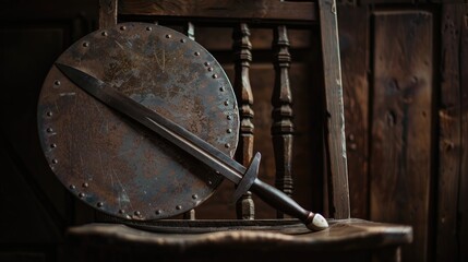 Medieval blade and circular iron resting on chair with room for text