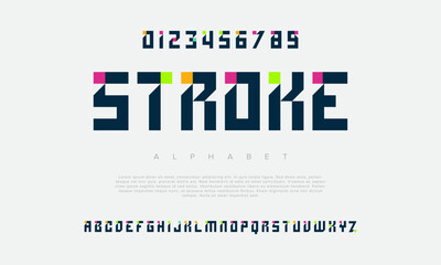 Stroke creative modern urban alphabet font. Digital abstract futuristic, game, techno, robot, music, logo, sport, minimal technology typography. Simple numeric vector illustration
