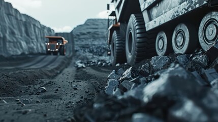 A detailed scene of coal mining operations with machinery at work, banner, with copy space