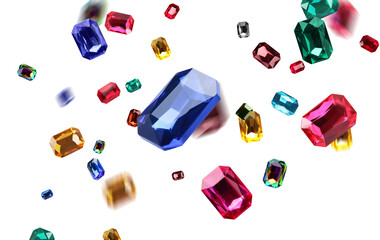Many shiny gemstones in air on white background