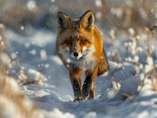 Fototapeta premium The Graceful Hunter: Red Fox Hunting in Snowy Wilderness with Sharp Focus