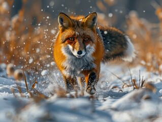 Fototapeta premium Survival Instincts - Red Fox Hunting in Snowy Wilderness with Intense Focus on Prey in National Geographic Style
