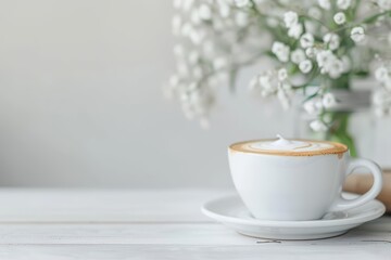 A frothy latte topped with latte art in a cozy cafe, banner, with copy space