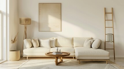Beige sofa flanked by ladder and wood lamp in white apartment with art and table. Real photo