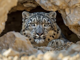Fototapeta premium Majestic Snow Leopard blending into Himalayan Rocks, Staring at Camera with Piercing Blue Eyes