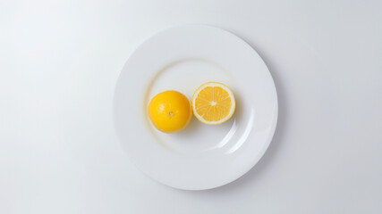 Fresh lemon and half-cut lemon on a white plate, a vibrant and zesty citrus display