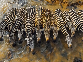 Stripes in Harmony: Mesmerizing Image of a Zebras Herd Drinking at Waterhole