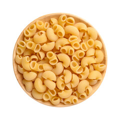 Raw macaroni pasta in wooden bowl, Food ingredient, Top view