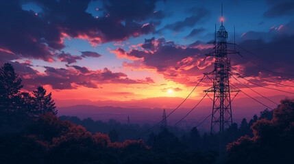 Transmission Cellular Tower Antenna Landscape. Network Broadcast Equipment Isolated. Broadcasting, Internet, Television Cell Station. 4G 5G. Satellite Communication Antenna. Flat Vector Illustration.