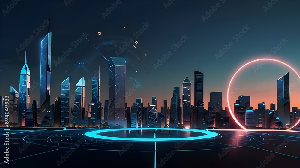 Wall mural animation of processing circle over metaverse city and blue background generative ai