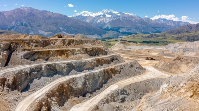 A picturesque view of silver mining activities in rugged terrain, banner, with copy space