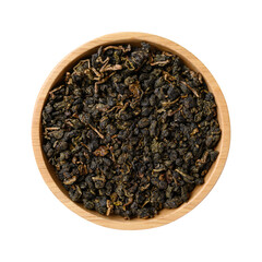 Dried Oolong tea leaves in wooden bowl, Top view