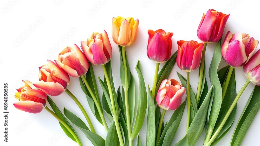 Wall mural tulips bunch isolated on white background with text