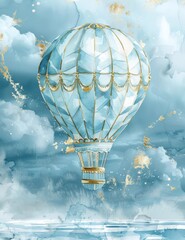 Hot Air Balloon on the Sky l Blue Pastel Color Dreamy Fresh Cloud Background l Fresh Watercolor Romantic Moody Design Illustration l Beautiful Calm Nature Decoration