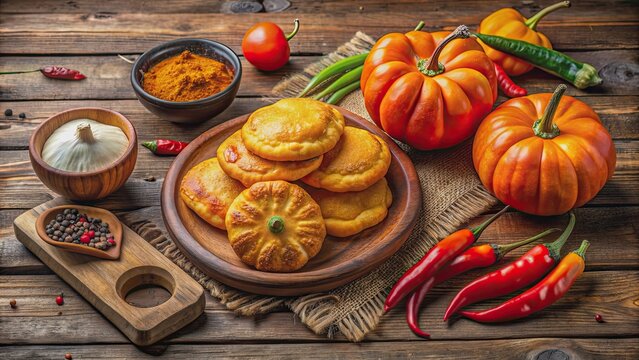 Sopaipillas and pumpkin still life with pebre and chancaca on wooden table, Chilean food, traditional, homemade