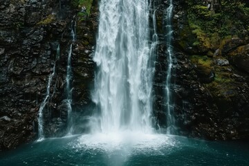 Fototapeta premium A stunning waterfall cascading into a pool below, banner, with copy space