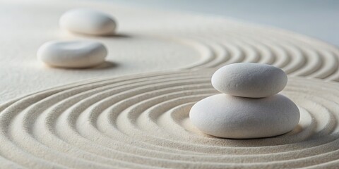 Zen meditation with white minimalist wellness stones , mindfulness, relaxation, balance, tranquility, peaceful, harmony