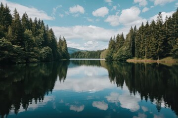 Fototapeta premium A tranquil lake reflecting surrounding trees and sky, banner, with copy space