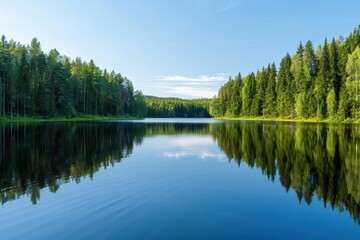 Fototapeta premium A tranquil lake reflecting surrounding trees and sky, banner, with copy space
