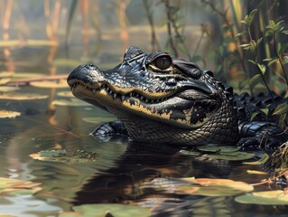 Obraz premium Majestic Spectacled Caiman Sunbathing on Riverbank with Intent Eyes - Realistic Wildlife Scene