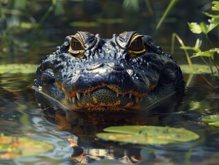 Fototapeta premium Stealthy Black Caiman Hiding Below Water Surface - Wildlife Predator Concept
