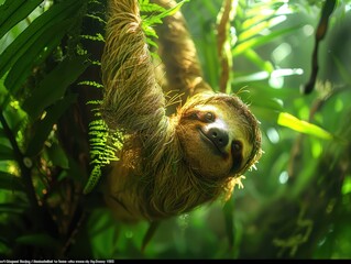 Fototapeta premium Serene Sloth in Lush Canopy: Capturing the Peaceful Essence of a Sloth Hanging Upside Down in the Rainforest