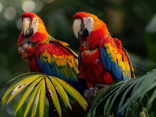 Obraz premium Majestic Macaws: Colorful Birds Perched High in Lush Rainforest Canopy