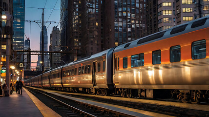 Obraz premium A train at station in a modern city during night time