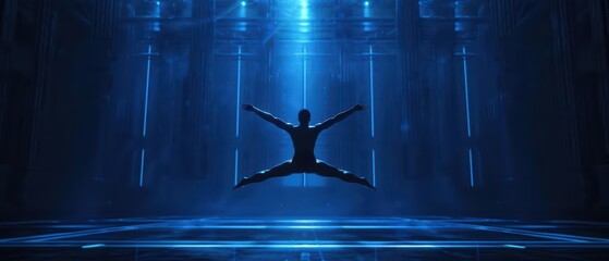 Gymnastics is showcased in an ultramodern, supernatural scene, with athletes performing elegant routines and space for customization