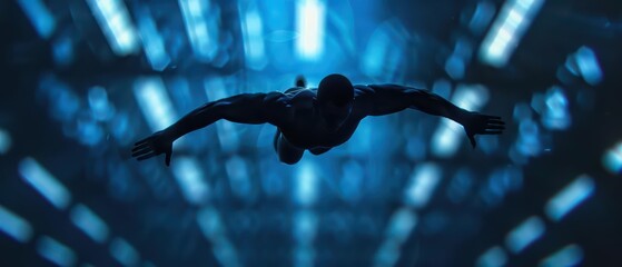 Gymnastics is showcased in an ultramodern, supernatural scene, with athletes performing elegant routines and space for customization