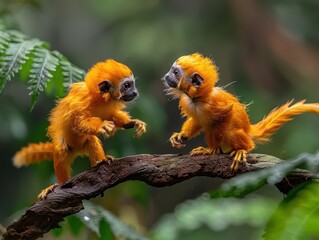 Fototapeta premium Majestic Golden Lion Tamarins frolicking on Treetops - Wildlife Harmony in the Treetops