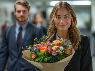 Fototapeta premium Appreciation in Bloom - Colleague Congratulating With Flower Bouquet in Professional Office Setting