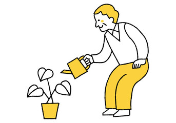 Elderly man watering houseplants