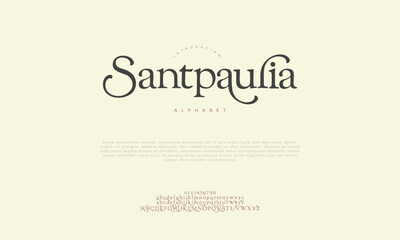 Santpaula swash luxury elegant alphabet letters and numbers. Vintage wedding typography classic serif font decorative vintage retro. creative vector illustration