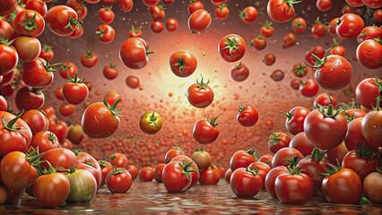 rendering of La Tomatina festival with floating tomatoes , Spain, cultural celebration, surreal, vivid colors, Spanish