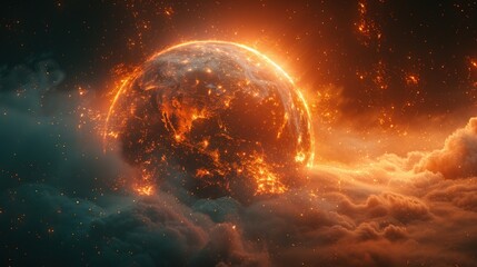 Fototapeta premium A glowing digital Earth with orange and red lights, surrounded by clouds of data streams.