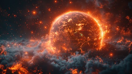 Obraz premium A glowing digital Earth with orange and red lights, surrounded by clouds of data streams.